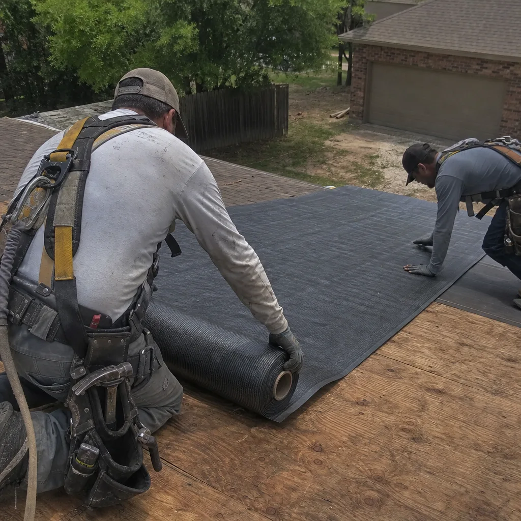 Two professional roofers installing new roof underlayment on a plywood deck.
