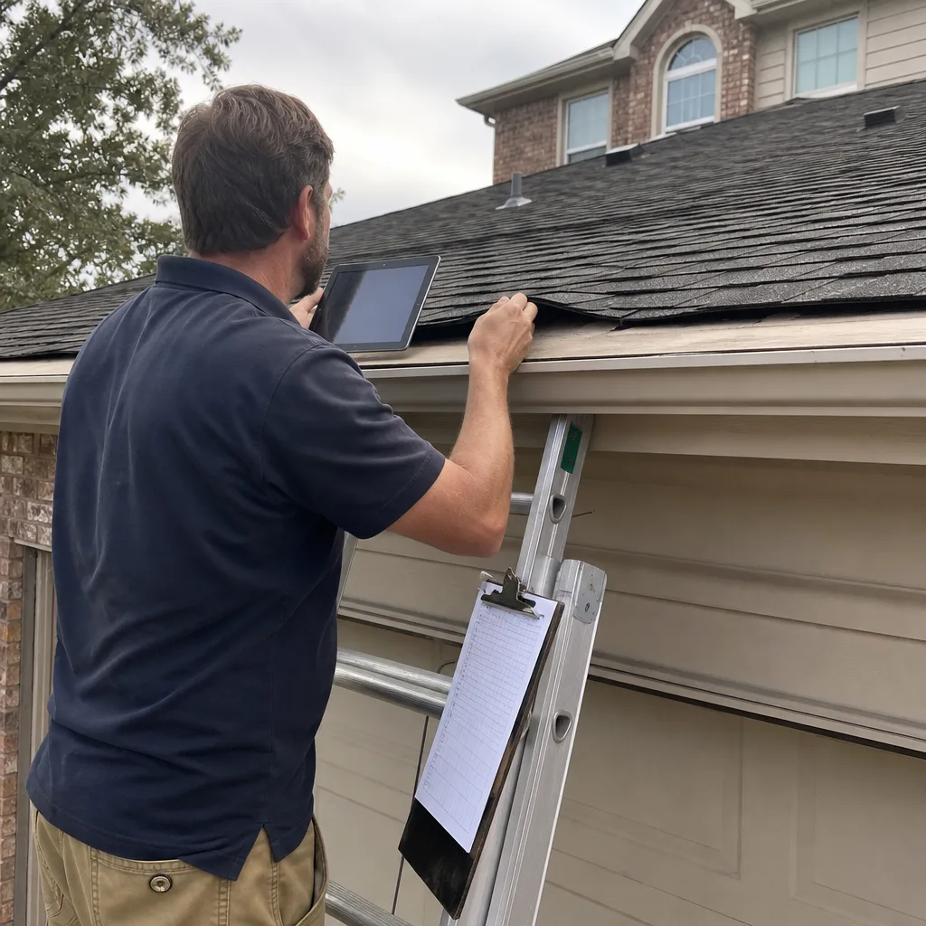 Roofers using a conveyor lift to transport shingles for home roof installation