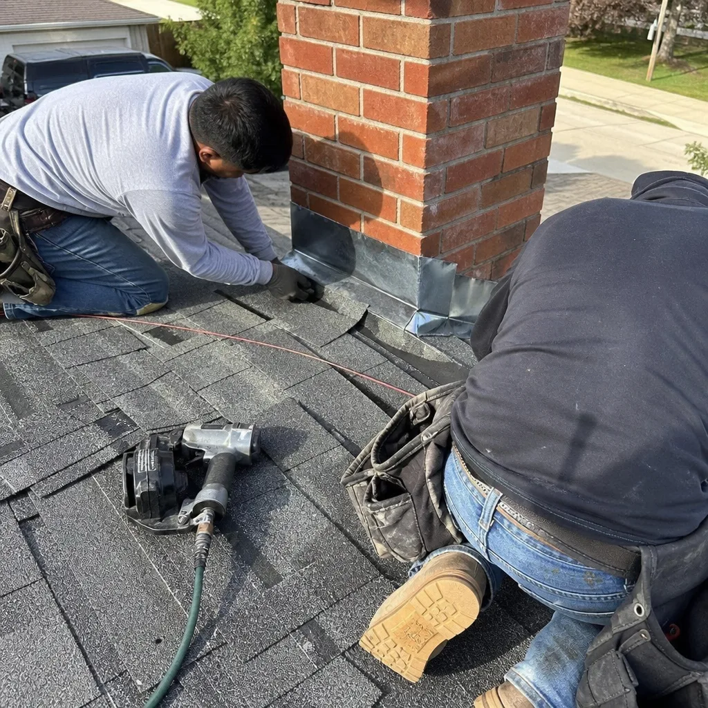 Roofing contractor inspecting residential gutters and taking notes on a digital tablet.